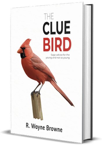 A 3D-rendered book standing upright with a white cover featuring a red cardinal perched on a wooden post. The title “The Clue Bird” appears in bold black and red text above the bird, with the subtitle “Sage advice for the young and not so young.” The author name, R. Wayne Browne, is printed at the bottom.