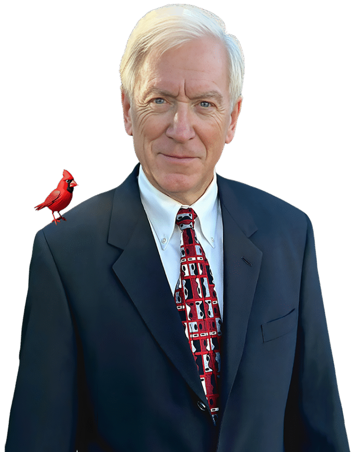 A portrait of an older man wearing a dark suit jacket, white dress shirt, and a patterned red tie. He has light hair and a calm, confident expression. A small red bird—styled like a cardinal illustration—stands on his left shoulder. The background is a soft, blurred gradient.
